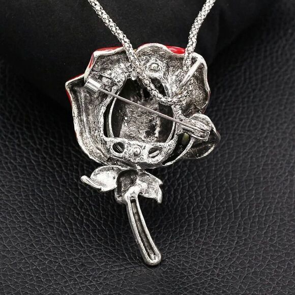 Enamel Crystal Rose Flower Pendant Sweater Chain Necklace/Brooch NWOT - Picture 2 of 2